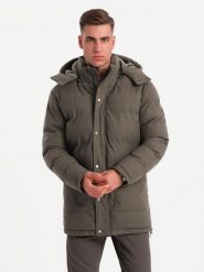 Długa ciepła męska kurtka typu parka z wełną – ciemnooliwkowy melanż V4 OM-JALJ-0217 - XXL. Zielone kurtki męskie Ombre Clothing, l, z aplikacjami, z materiału. W wyprzedaży za 199.99 zł.