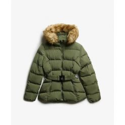 Damska kurtka puchowa Superdry Fuji Belted. Zielone kurtki damskie Superdry., bez wzorów, z puchu, bez kaptura. Za 651.20 zł.