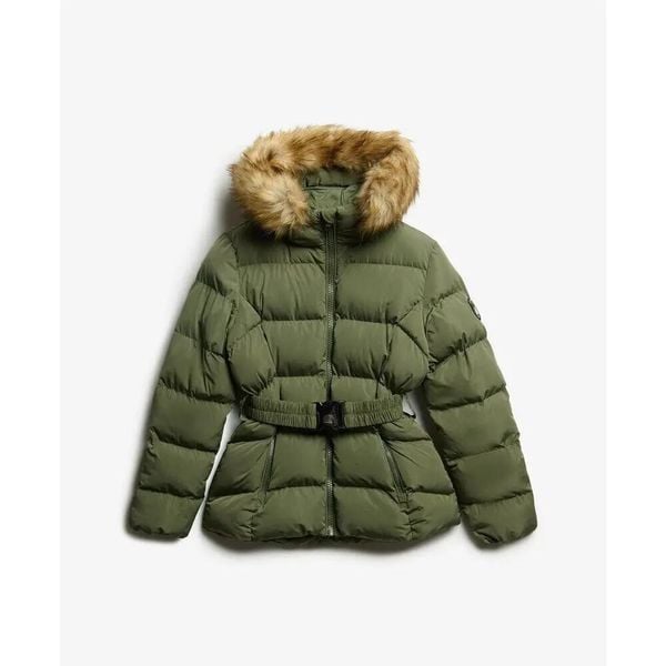 Damska kurtka puchowa Superdry Fuji Belted. Zielone kurtki damskie Superdry., bez wzorów, z puchu, bez kaptura. W wyprzedaży za 617.75 zł.
