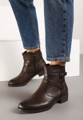 Brązowe Botki Sztyblety Zdobione Paskami z Klamerkami Delrith. Brązowe botki damskie Born2be, z jeansu, eleganckie, bez obcasa, na obcasie, bez zapięcia. Za 59.99 zł.