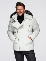 Pikowana kurtka męska o kroju ramoneski z kapturem - jasnoszara V4 - Rozmiar: L. Szare kurtki męskie Ombre Clothing, na zimę, l, bez wzorów, z materiału, eleganckie, z kapturem. Za 589.99 zł.