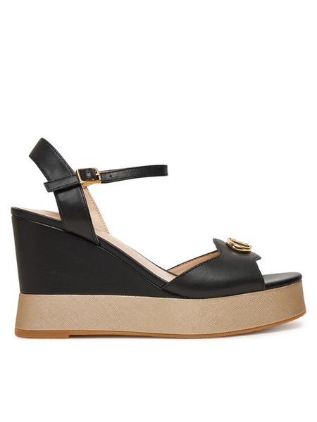 Liu Jo Sandały Karen SA5117 P0102 Czarny. Czarne sandały damskie Liu Jo, bez wzorów, ze skóry, bez obcasa, na koturnie. Za 669.99 zł.