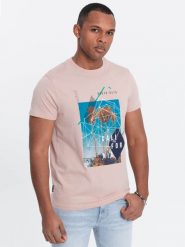 Męski t-shirt bawełniany z nadrukiem California - różowy V2. Czerwone t-shirty męskie Ombre Clothing, na lato, m, bez wzorów, z bawełny, bez kołnierzyka. W wyprzedaży za 29.99 zł.