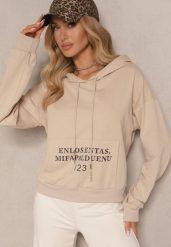 Beżowa Bluza o Klasycznym Kroju z Kapturem i Kieszenią Firloti. Brązowe bluzy z kapturem damskie Renee, l, z jeansu. Za 49.99 zł.