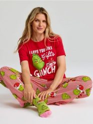 Bawełniana piżama dwuczęściowa Grinch - czerwony. Czerwone piżamy damskie Sinsay, l, bez wzorów, z bawełny, bez ramiączek. Za 49.99 zł.