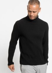 Sweter z golfem, z prążkowanej bawełny z recyklingu. Czarne swetry męskie bonprix, l, bez wzorów, z bawełny, bez kołnierzyka. Za 109.99 zł.