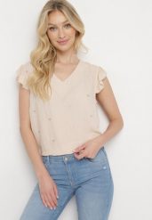 Beżowa Bluzka Top z Wiskozy bez Rękawów z Falbankami w Haftowane Serduszka Taella. Brązowe topy damskie Born2be, l, bez wzorów, z jeansu, bez kołnierzyka. Za 59.99 zł.