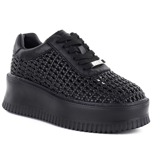 Półbuty sneakersy damskie na platformie ażurowe czarne Goe TT2N4043. Czarne półbuty damskie GOE, w ażurowe wzory, z materiału, eleganckie, bez obcasa, na platformie. Za 208.01 zł.