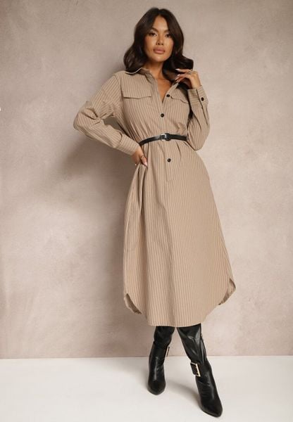 Ciemnobeżowa Sukienka Koszulowa z Guzikami Ozdobiona Imitacją Kieszeni i Paskiem Tintorella. Brązowe sukienki damskie Renee, do pracy, l, bez wzorów, biznesowe, bez kołnierzyka, bez ramiączek, midi, koszulowe. Za 99.99 zł.