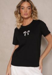 Czarna Bluzka z Bawełny z Motywem Kokardki Norimar. Czarne bluzki damskie Renee, l, bez wzorów, z bawełny, eleganckie, bez kołnierzyka, bez ramiączek. Za 44.99 zł.
