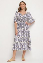Niebiesko-Kremowa Sukienka Wiskozowa Rozkloszowana z Odkrytymi Plecami w Print Boho Turaisa. Niebieskie sukienki damskie Born2be, na co dzień, l, bez wzorów, z wiskozy, boho, bez kołnierzyka, bez ramiączek, midi, proste. W wyprzedaży za 71.99 zł.