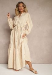 Beżowa Sukienka z Bawełną Haftem i Sznurkiem w Pasie Zenlio. Brązowe sukienki damskie Renee, na co dzień, l, z aplikacjami, z bawełny, eleganckie, bez kołnierzyka, bez ramiączek, maxi, dopasowane. W wyprzedaży za 139.99 zł.