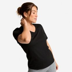 Koszulka fitness damska dekolt V. Czarne bluzki damskie Decathlon, xl, bez wzorów, z bawełny, bez ramiączek. Za 44.99 zł.