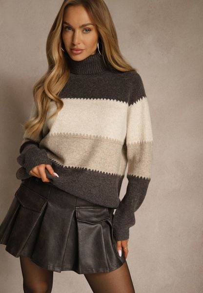 Brązowy Oversizowy Golf z Dodatkiem Kaszmiru w Szerokie Paski Nemeana. Brązowe golfy damskie Renee, bez wzorów, z jeansu, bez ramiączek. Za 139.99 zł.