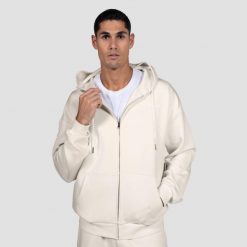 Bluza męska fitness na zamek z kapturem perłowa Relay. Białe bluzy sportowe męskie GYMBEAM, bez wzorów, z bawełny, sportowe, bez kołnierzyka, bez ramiączek. Za 151.90 zł.