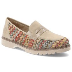 Beżowe Półbuty Rieker Modne Obuwie Damskie. Brązowe półbuty damskie Rieker, bez wzorów, ze skóry, eleganckie, bez obcasa. Za 329.00 zł.