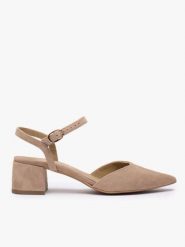 Taupe czółenka bez pięty slingback na słupku. Brązowe czółenka damskie Ryłko, bez wzorów, z gumy, bez obcasa, na obcasie. Za 379.99 zł.