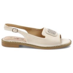 Sandały damskie S.Barski, cholewka ze skóry ekologicznej na płaskiej podeszwie z efektowną broszką, beżowe, KV61-6016. Brązowe broszki damskie S.BARSKI. Za 119.00 zł.