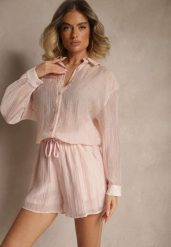 Jasnoróżowy Komplet z Tkaniny z Cyrkoniami Koszula i Szorty Jeniviela. Czerwone koszule damskie Renee, bez wzorów, z tkaniny, eleganckie. Za 129.99 zł.