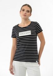 T-shirt w paski T-VIV. Brązowe t-shirty damskie Volcano, s, bez wzorów, z bawełny, bez kołnierzyka. Za 59.99 zł.