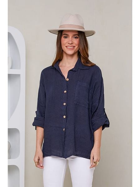 Rodier Lin Lniana koszula w kolorze granatowym rozmiar: XL/XXL. Niebieskie koszule damskie Rodier Lin, xl, bez wzorów, ze lnu, bez kołnierzyka, bez ramiączek. Za 185.32 zł.