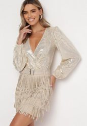 Beżowa Spódnica Mini z Frędzlami i Cyrkoniami Vivanti. Brązowe spódniczki damskie Born2be, bez wzorów, mini. Za 39.99 zł.