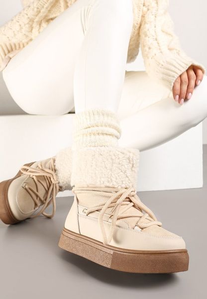 Beżowe Śniegowce na Grubej Podeszwie ze Sznurowaniem i Futerkiem Izantea. Brązowe śniegowce damskie Born2be, z futra. Za 89.99 zł.