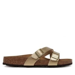 Klapki Birkenstock. Żółte klapki damskie Birkenstock, bez wzorów, bez obcasa. Za 319.99 zł.