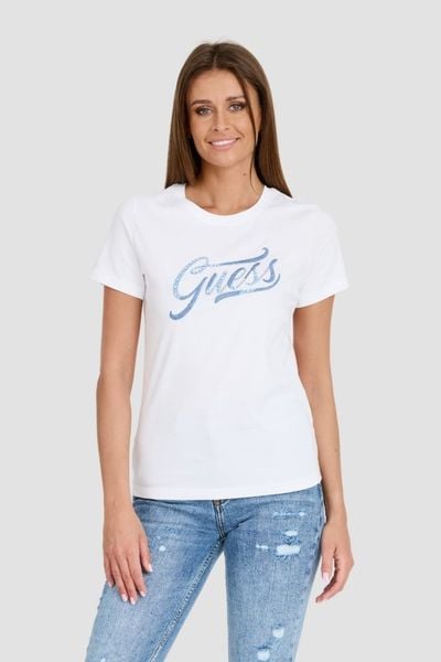 GUESS Biały damski T-shirt bawełniany STONES&EMBRO TEE, Rozmiar S. Białe t-shirty damskie Guess, s, z aplikacjami, z bawełny, bez kołnierzyka. W wyprzedaży za 192.99 zł.