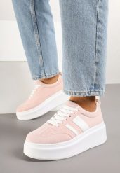 Różowe Sneakersy Kultowe Tenisówki na Platformie z Koturnem Elisara. Czerwone trampki i tenisówki damskie Born2be, bez wzorów, z jeansu. Za 109.99 zł.