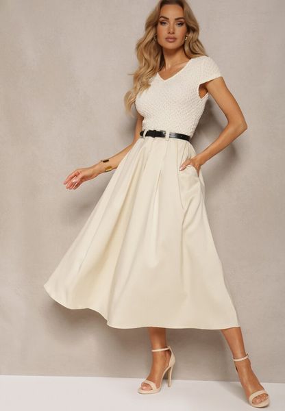 Beżowa Sukienka o Rozkloszowanym Kroju z Krótkim Rękawem i Paskiem z Ekoskóry Frinna. Brązowe sukienki damskie Renee, na co dzień, bez wzorów, eleganckie, bez kołnierzyka, bez ramiączek, midi, rozkloszowane. Za 229.99 zł.