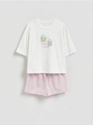 Dwuczęściowa piżama z nadrukiem - lawendowy. Fioletowe piżamy damskie Reserved, l, bez wzorów, z bawełny, bez ramiączek. Za 99.99 zł.