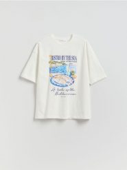 T-shirt z nadrukiem - złamana biel. T-shirty damskie Reserved, l, bez wzorów, z bawełny, bez kołnierzyka. Za 59.99 zł.