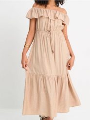Sukienka midi hiszpanka z wiskozą - kremowy. Białe sukienki damskie Sinsay, l, bez wzorów, z wiskozy, boho, bez kołnierzyka, bez ramiączek, midi. Za 49.99 zł.