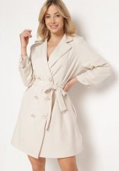 Beżowa Elegancka Sukienka Dwurzędowa w Stylu Marynarki z Materiałowym Paskiem i Marszczonymi Rękawami Weira. Brązowe marynarki i żakiety damskie Born2be, l, bez wzorów, z materiału, biznesowe. Za 159.99 zł.