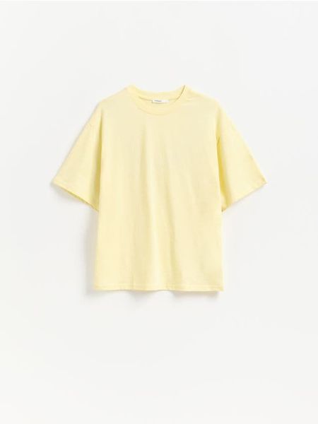 Bawełniany t-shirt oversize - żółty. Żółte t-shirty damskie Reserved, l, bez wzorów, z bawełny, bez kołnierzyka. Za 39.99 zł.