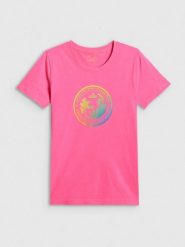 4F T-shirt regular z nadrukiem damski - różowy XS. Czerwone t-shirty damskie 4f, xs, bez wzorów, z bawełny, bez kołnierzyka. Za 59.99 zł.