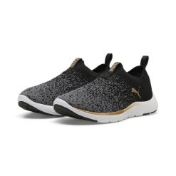 Damskie dzianinowe buty do biegania SOFTRIDE Remi PUMA Black Gold Cool Dark Gray. Czarne obuwie do biegania damskie Puma. Za 279.00 zł.
