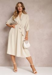 Beżowa Sukienka Canopis. Brązowe sukienki damskie Renee, m, bez wzorów, z materiału, eleganckie, bez kołnierzyka, bez ramiączek, midi, kopertowe. W wyprzedaży za 69.99 zł.