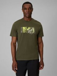 4F T-shirt regular z nadrukiem męski - khaki S. Brązowe t-shirty męskie 4f, m, bez wzorów, z bawełny, bez kołnierzyka. Za 69.99 zł.