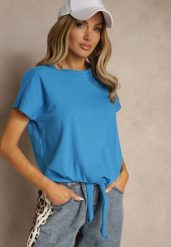 Jasnoniebieski Bawełniany T-shirt Wiązany u Dołu Sunalina. Niebieskie t-shirty damskie Renee, l, bez wzorów, z bawełny, bez kołnierzyka. Za 29.99 zł.