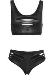 Biustonosz typu bustier + figi typu ouvert z materiału z efektem wet look (2 części). Czarne figi damskie bonprix, bez wzorów. Za 99.99 zł.