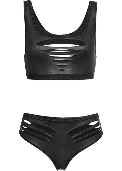 Biustonosz typu bustier + figi typu ouvert z materiału z efektem wet look (2 części). Czarne figi damskie bonprix, bez wzorów. Za 99.99 zł.