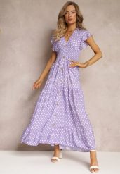 Fioletowa Rozkloszowana Sukienka Maxi w Kropki z Gumką w Talii Janey. Fioletowe sukienki damskie Renee, na co dzień, l, bez wzorów, bez kołnierzyka, bez ramiączek, maxi, rozkloszowane. Za 79.99 zł.