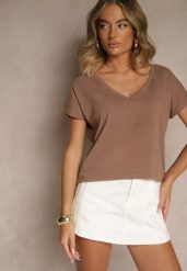 Ciemnobeżowy T-shirt z Bawełny z Dekoltem w Serek Linithiela. Brązowe t-shirty damskie Renee, m, bez wzorów, z bawełny, bez kołnierzyka. Za 54.99 zł.