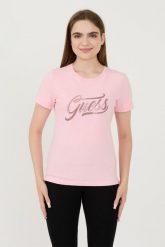 GUESS Różowy t-shirt Stones&embro Tee. Czerwone t-shirty damskie Guess, s, z aplikacjami, bez kołnierzyka. W wyprzedaży za 198.99 zł.