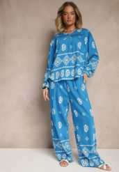 Niebieski Komplet w Stylu Etno Spodnie z Gumką w Pasie i Bluzka Oversize Eviralyn. Niebieskie spodnie materiałowe damskie Renee, bez wzorów, eleganckie. Za 89.99 zł.