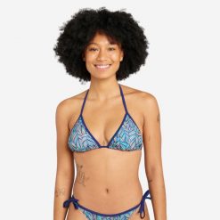 Góra kostiumu kąpielowego surfingowego damska Olaian Mae Foly. Niebieskie bikini damskie Decathlon, bez wzorów. Za 19.99 zł.