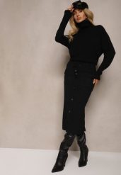 Czarna Spódnica Ołówkowa z Kaszmirem High Waist z Ozdobnymi Guzikami i Kieszeniami Edithwen. Czarne spódniczki damskie Renee, na zimę, bez wzorów, z dzianiny, z podwyższonym stanem, midi, ołówkowe. Za 129.99 zł.