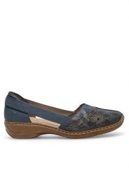 Rieker Półbuty 41396-12 Granatowy. Niebieskie półbuty damskie Rieker, bez wzorów, ze skóry, bez obcasa, na płaskiej podeszwie. Za 299.99 zł.